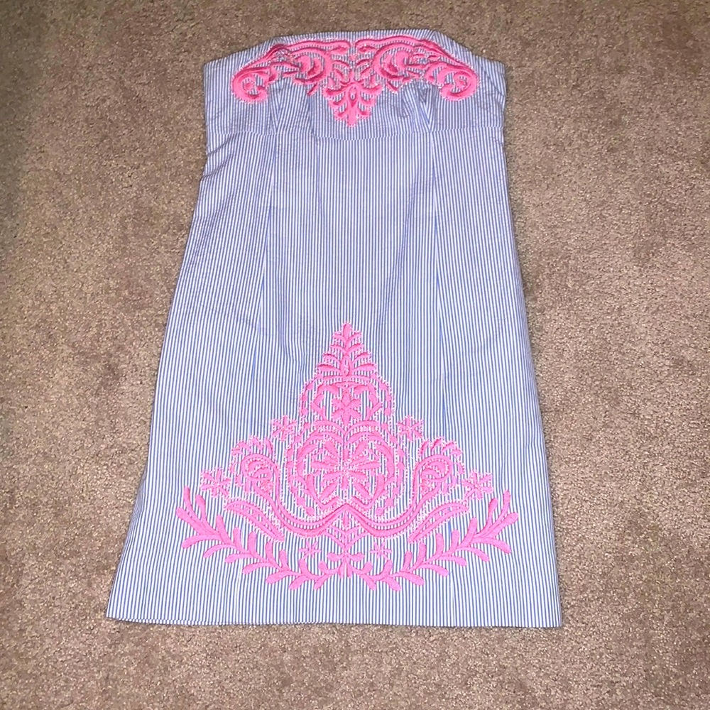 Lilly Pulitzer strapless seersucker embroidered beaded dress, 4